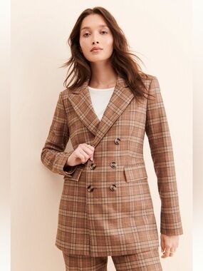 Favorite Daughter Double-Breasted Plaid Blazer in Tan and Brown Tones